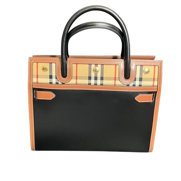 NEW Burberry Mini Leather‎ and Vintage Check Two-handle Title Satchel Tote Bag - Picture 1 of 13